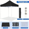 Pergola pliante noire avec sac de transport, cadre, cordes et piquets au sol.