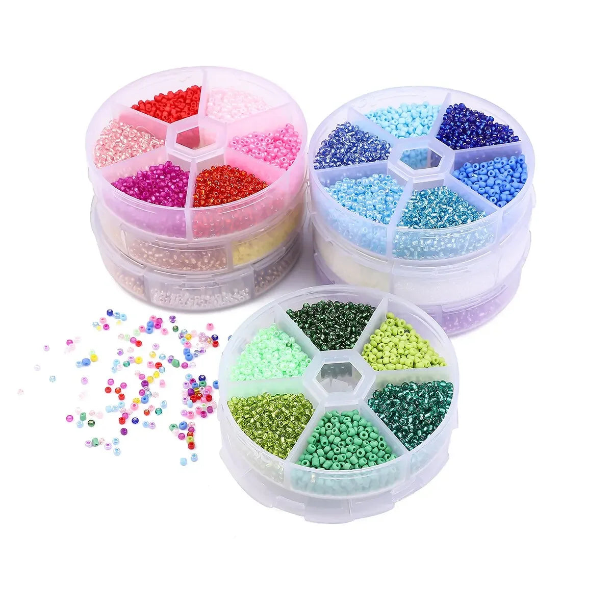 Boîte à compartiments de perles de riz en verre, tons violet, rose, bleu et vert