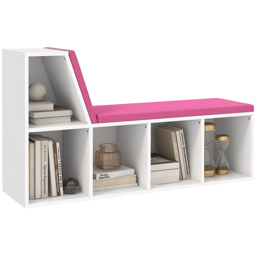Banc bibliothèque blanc et rose à 5 compartiments, 108 cm — structure blanche et coussins roses