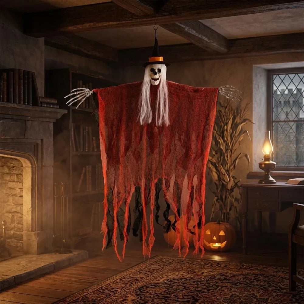 Sorcière squelette à suspendre pour Halloween : modèle rouge suspendu.