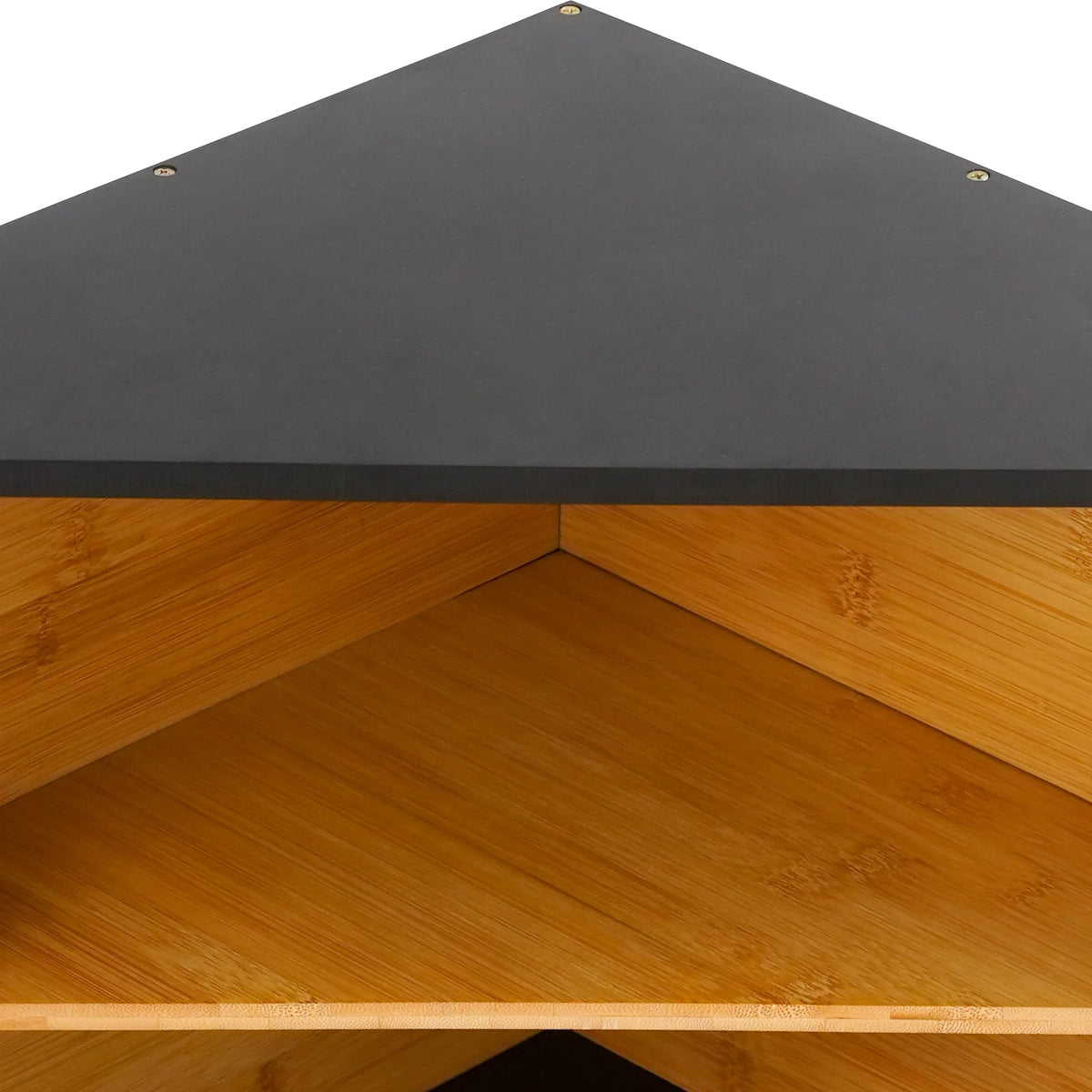 Boîte à pain d’angle en bambou noir à 2 niveaux — détail de la tablette et de l’intérieur en bambou