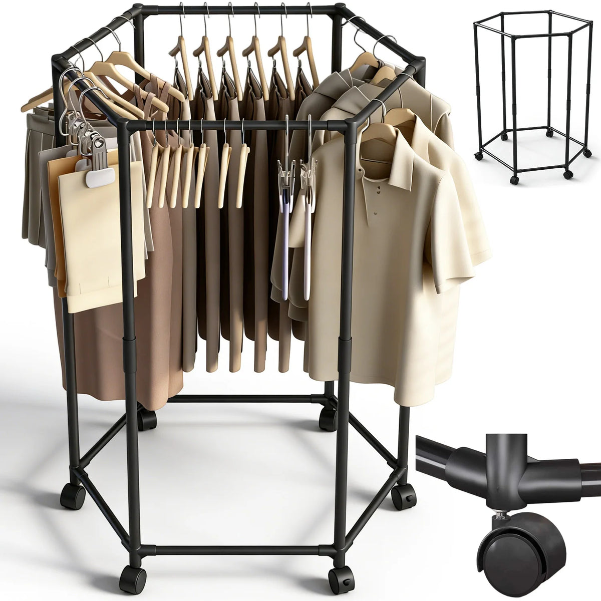 Portant hexagonal mobile pour vêtements sur roulettes, visuel 9