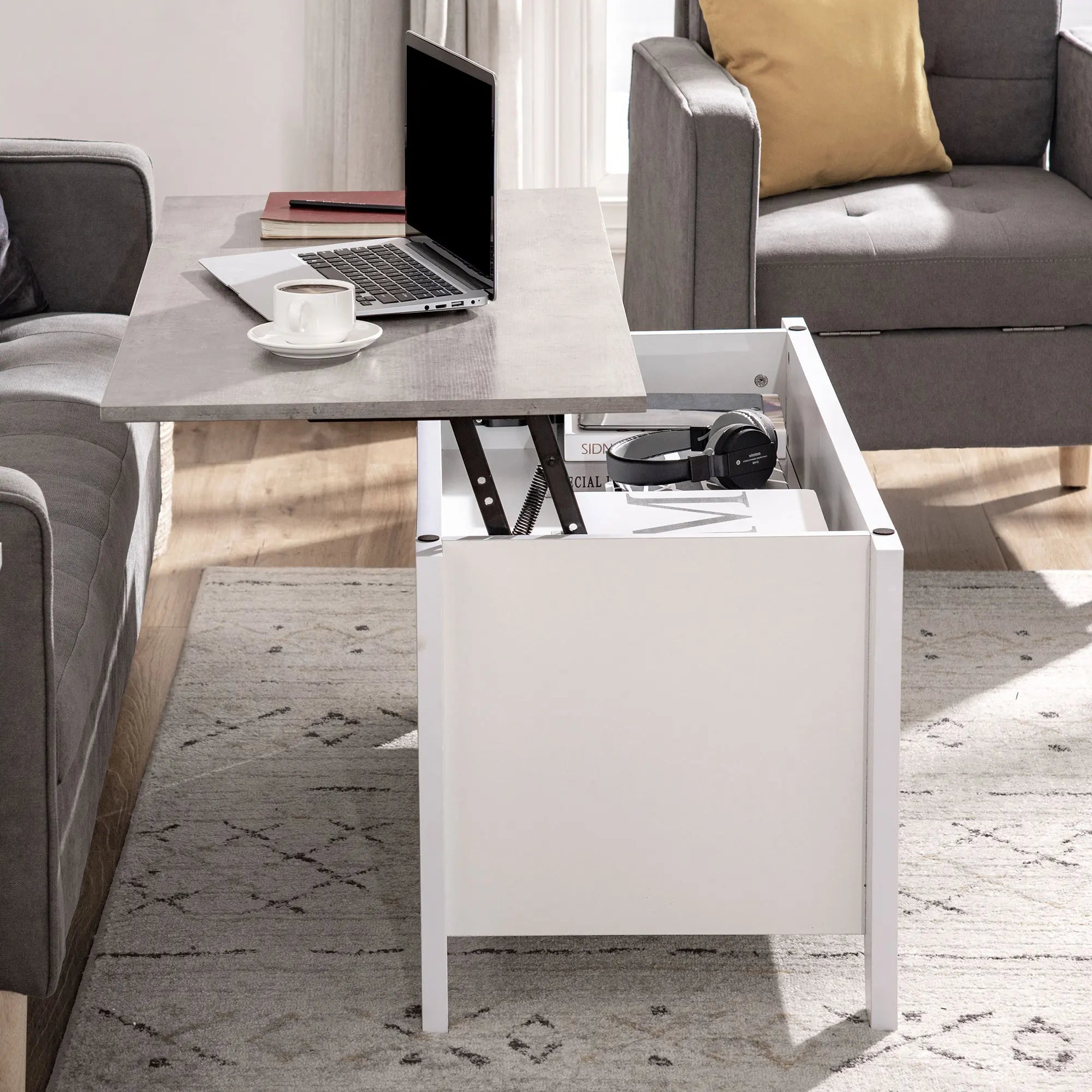 Table basse relevable avec 2 compartiments 105 cm