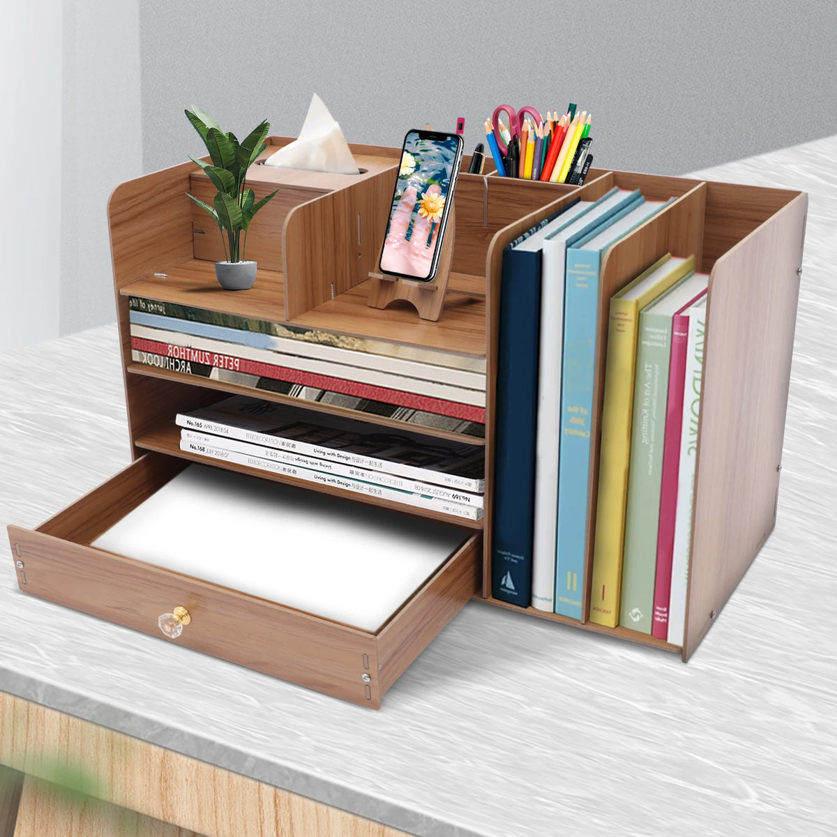 Organisateur de bureau en bois avec tiroir, 48 cm — livres et accessoires
