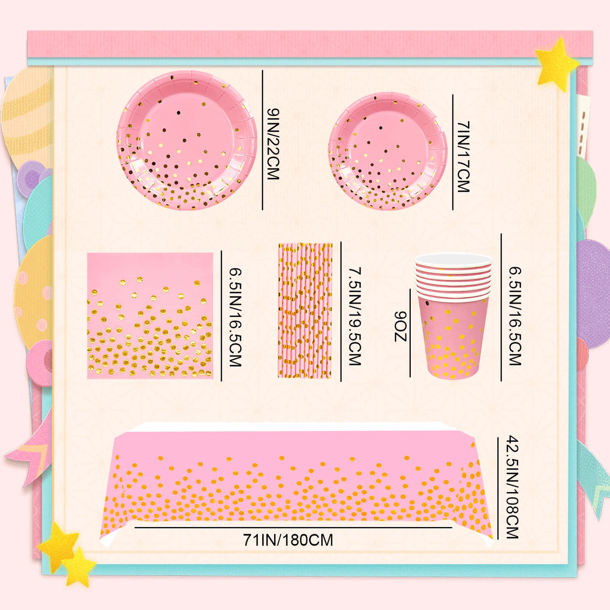 Vaisselle de fête rose et dorée à pois : dimensions des éléments de table.