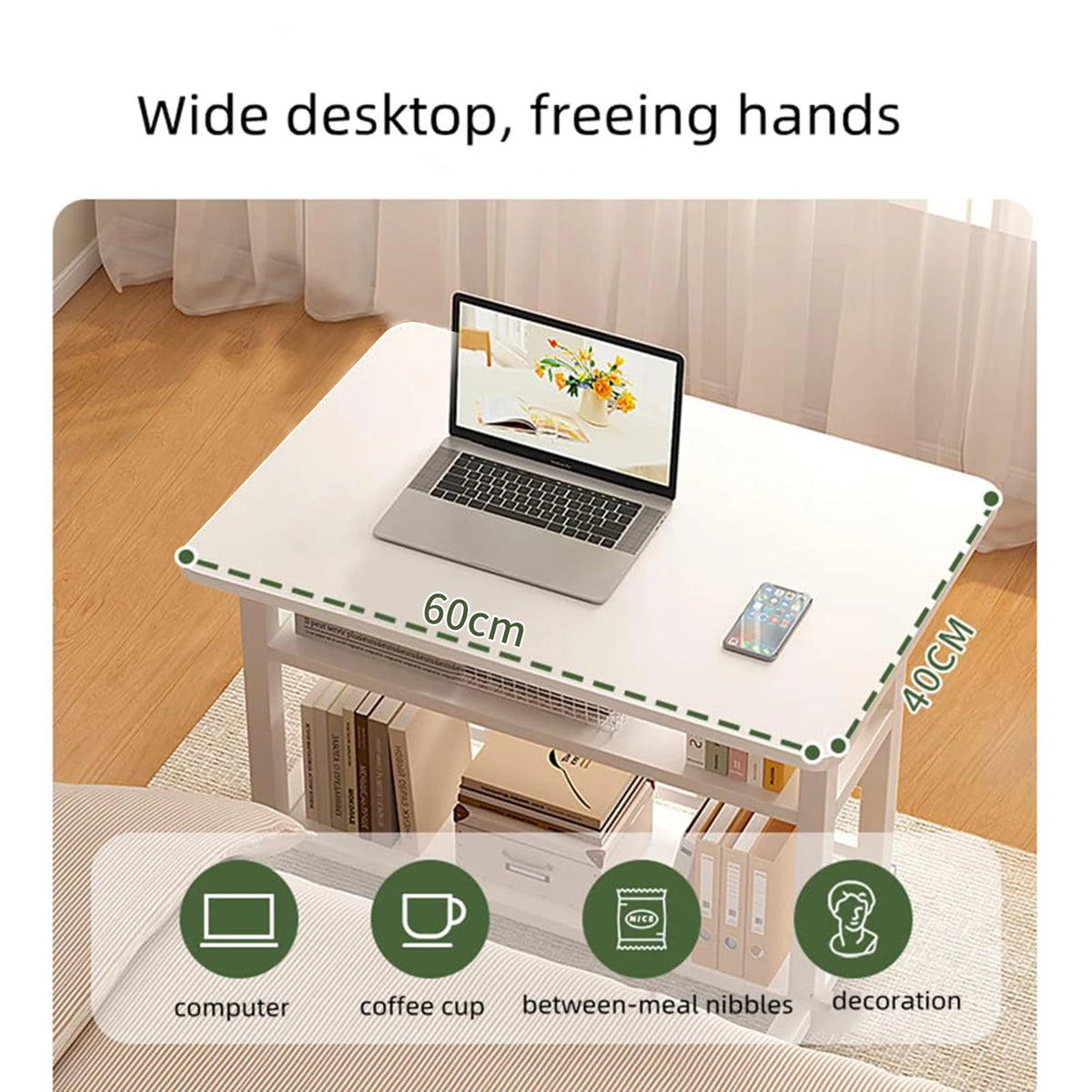 Table de lit mobile réglable avec rangement à 3 niveaux — surface de travail