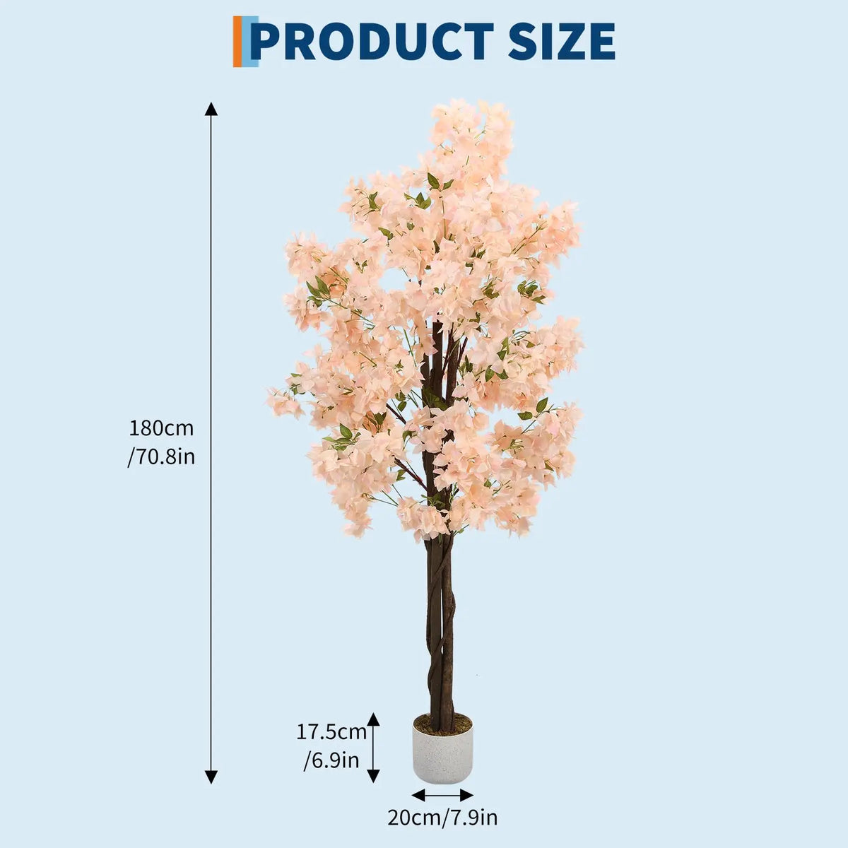 Arbre artificiel de cerisier rose pâle en pot, vue avec dimensions.