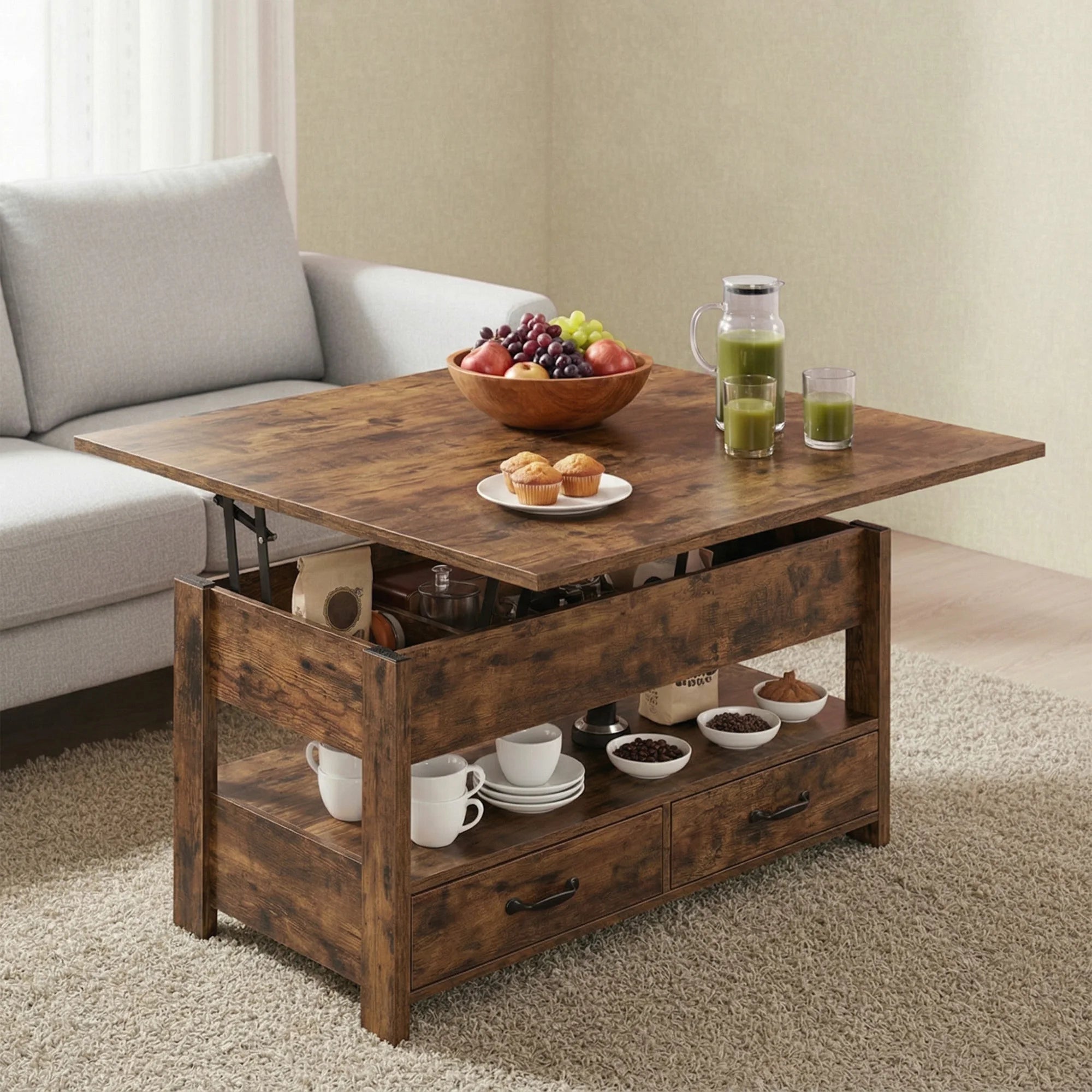 Table basse relevable à vérin avec 2 tiroirs