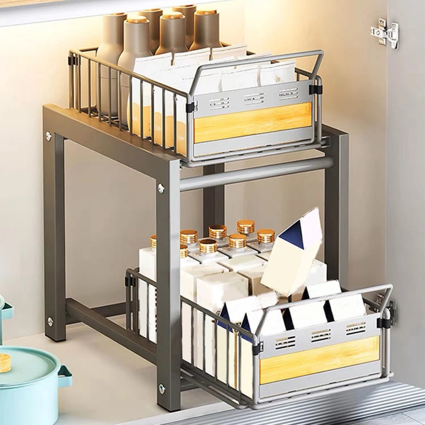 Rangement Coulissant Sous Évier Réglable Double Tiers Pour Cuisine