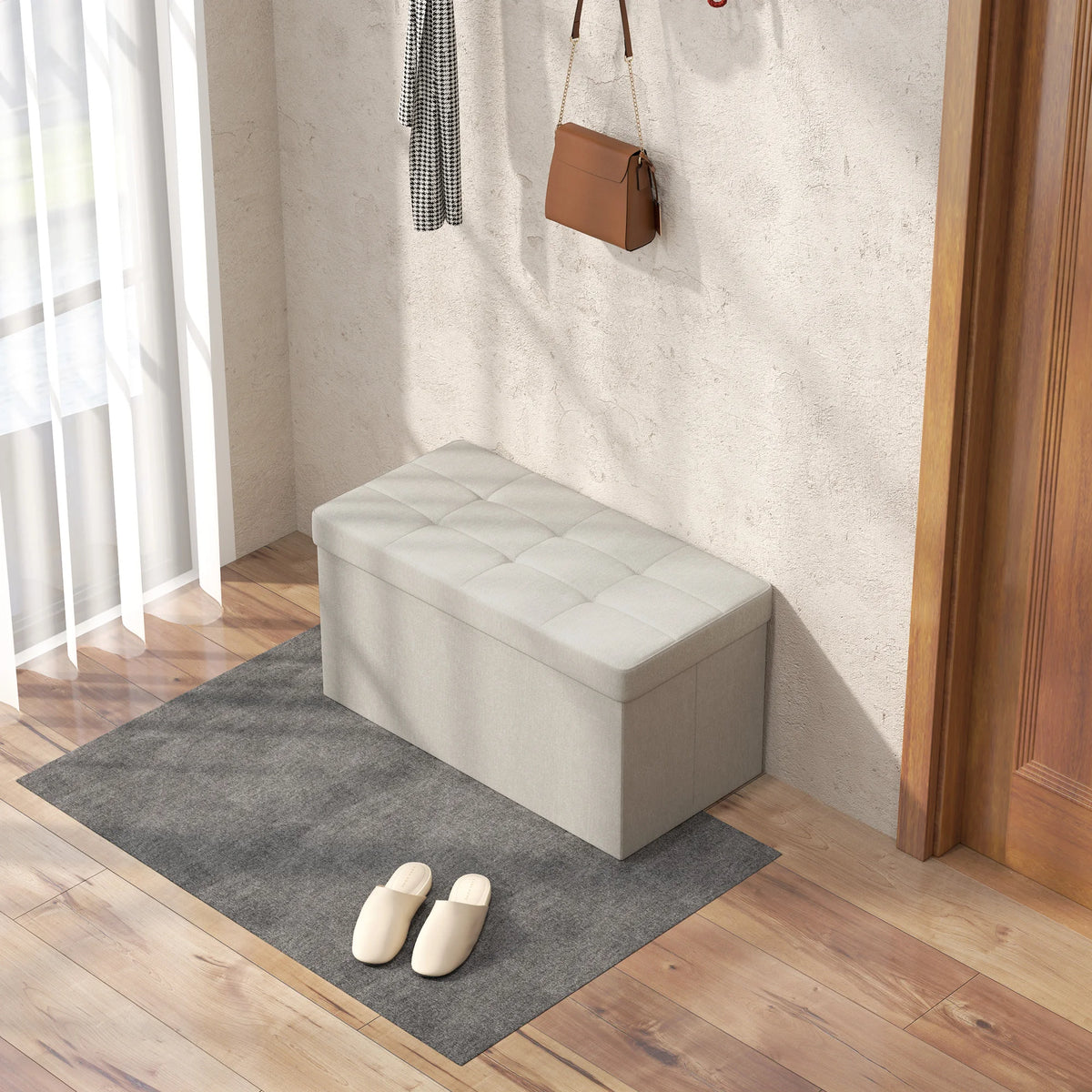 Banc coffre pliable 76 cm, rangement 84 L — dans une entrée