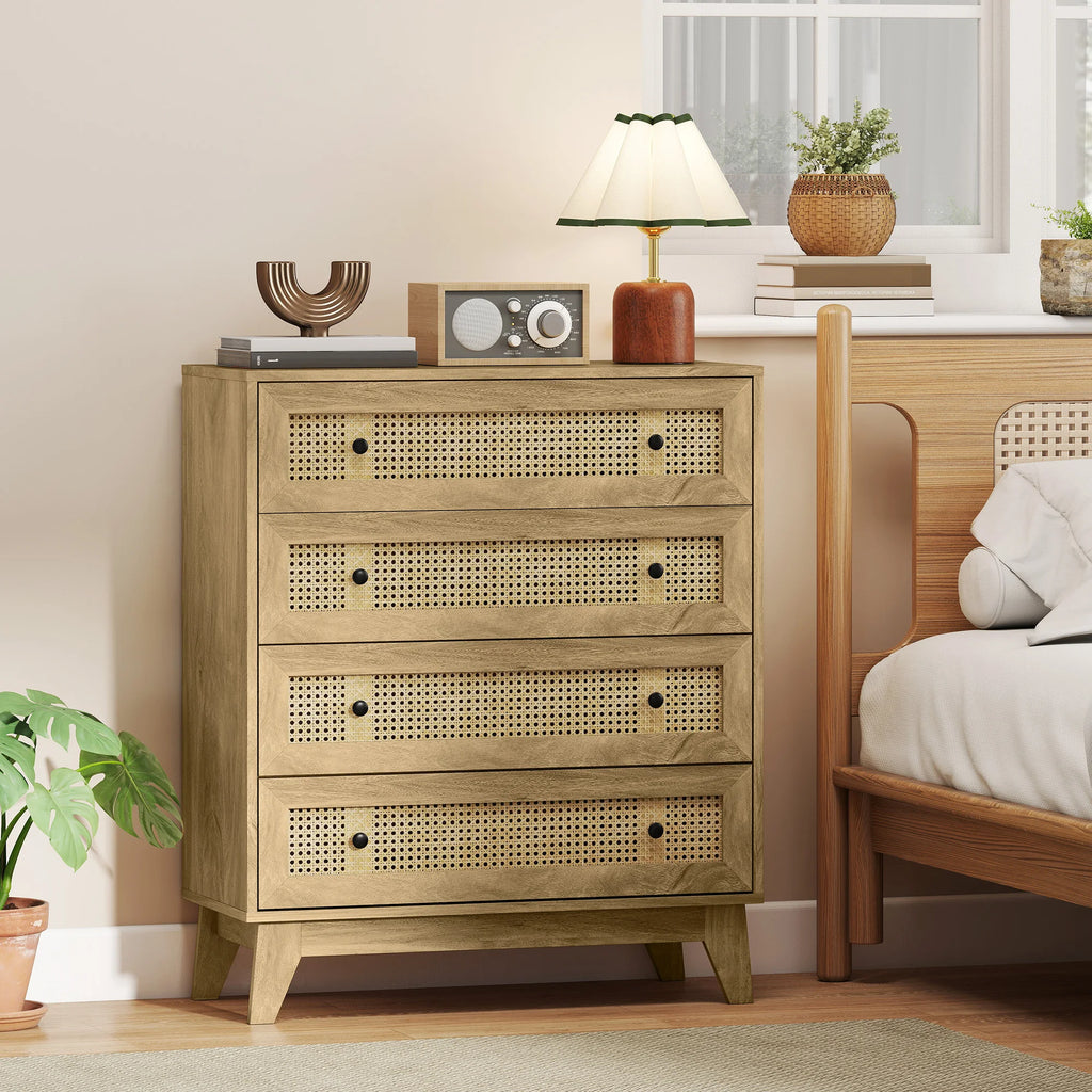 Commode 4 tiroirs en bois clair et cannage rotin