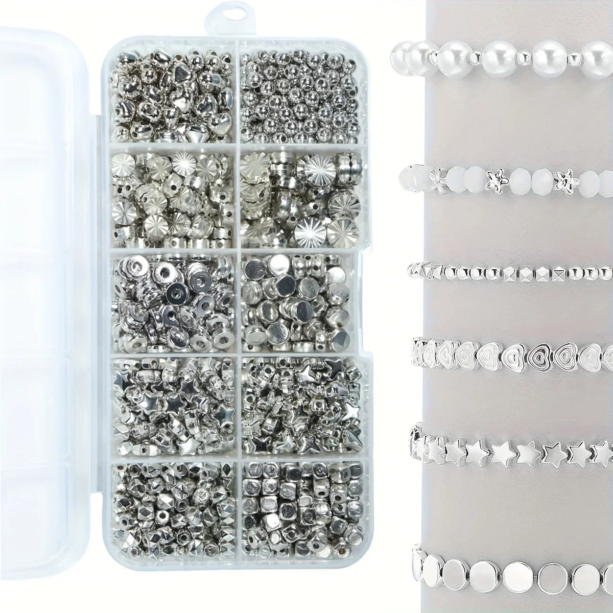 Ensemble de perles DIY argentées avec bracelets prêts à enfiler, formes variées