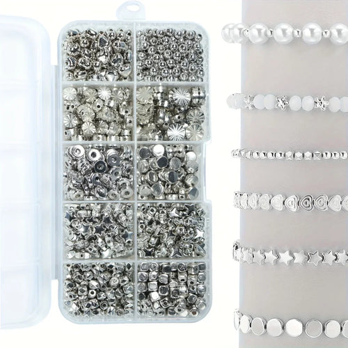 Ensemble de perles DIY argentées avec bracelets prêts à enfiler, formes variées