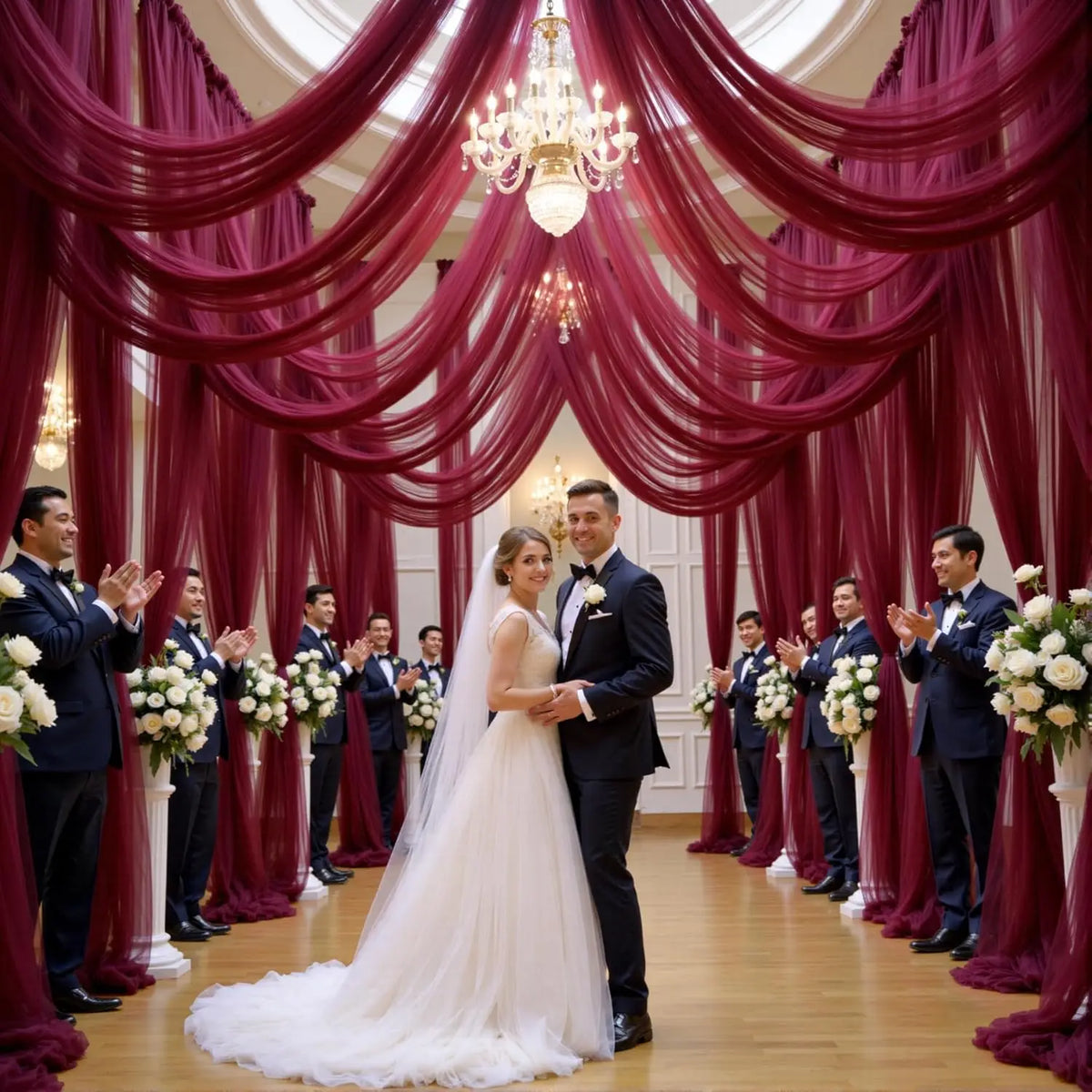 Draperie en tulle bordeaux plissée en voûte, décoration d’arche en salle