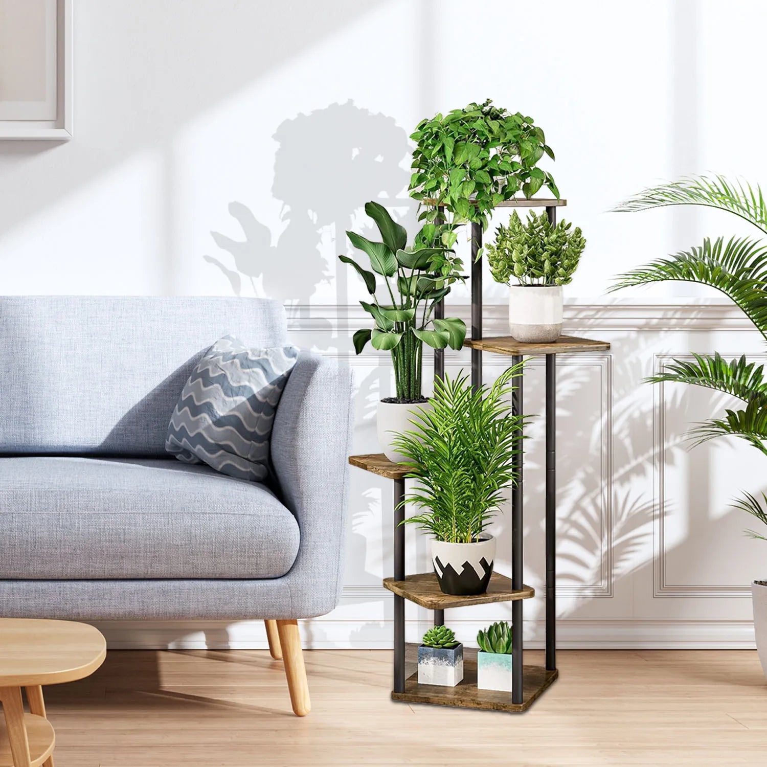 Support à plantes vintage en bois et métal à 5 niveaux