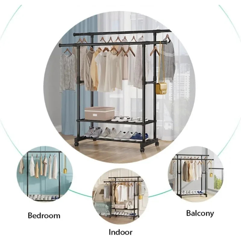 Portant double sur roulettes avec barres de suspension et étagère pour vêtements.