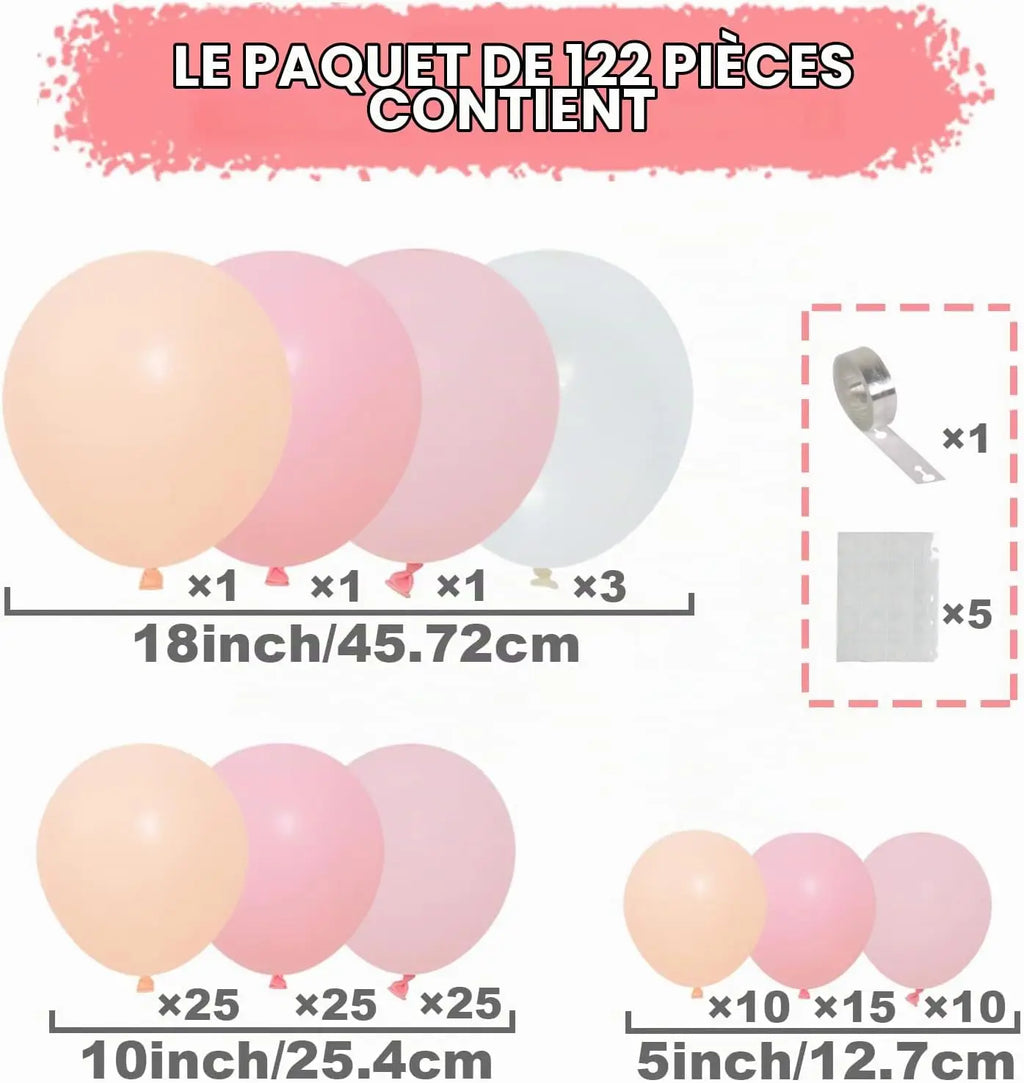 Kit arche de ballons 185 pièces, beige ou rose pastel — répartition des formats du kit