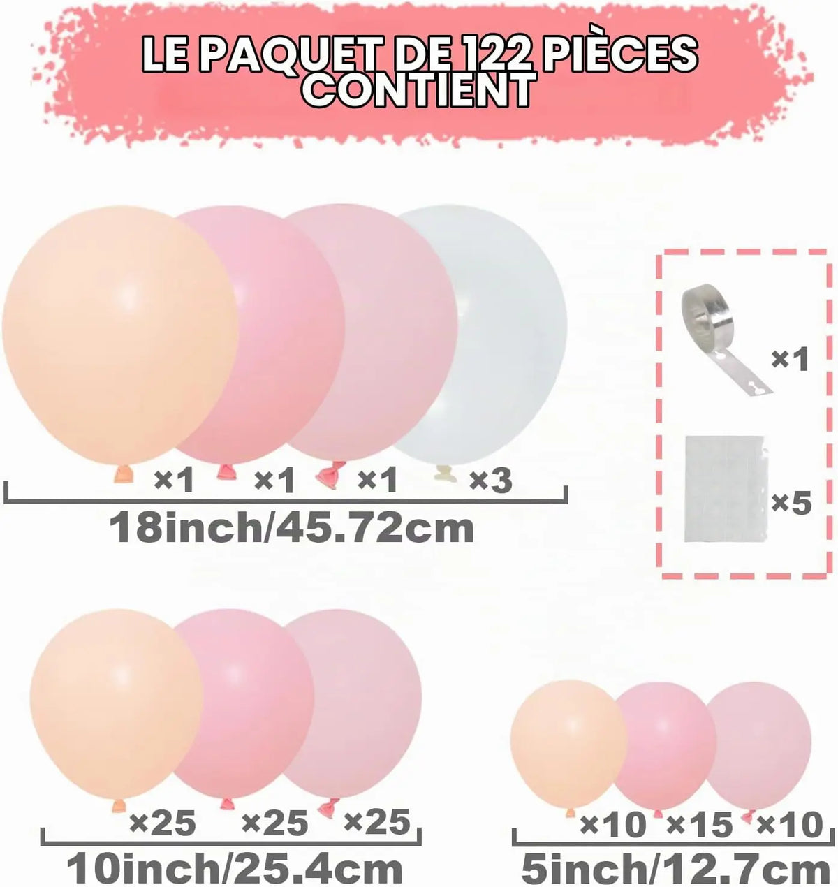 Kit arche de ballons 185 pièces, beige ou rose pastel — répartition des formats du kit