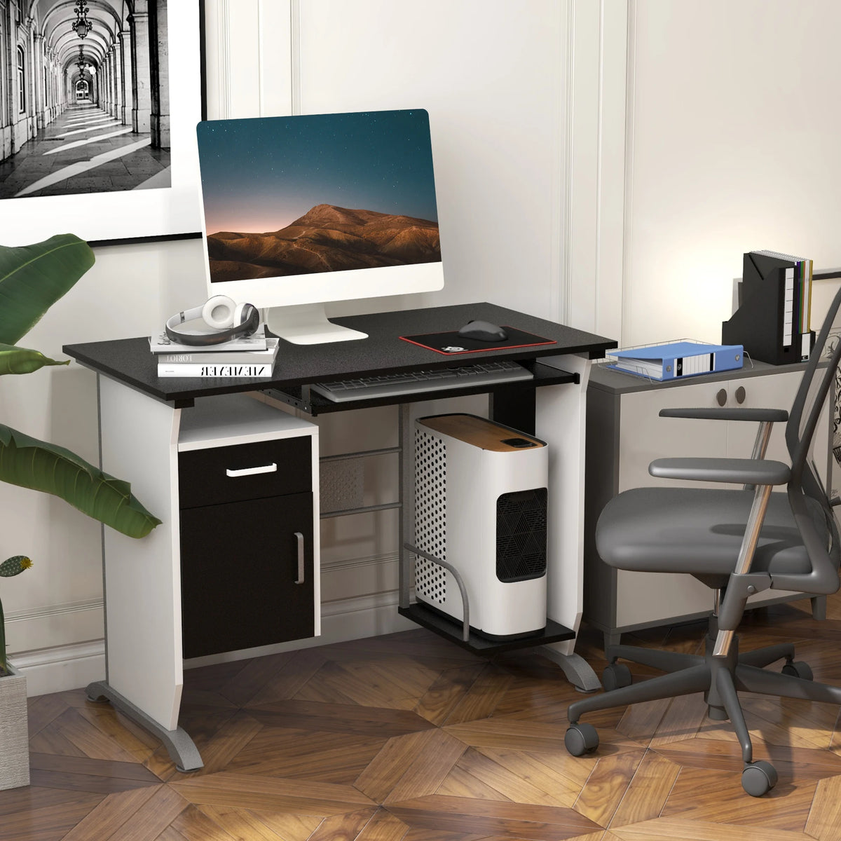 Bureau informatique compact noir et blanc de 100 cm, illustration 2