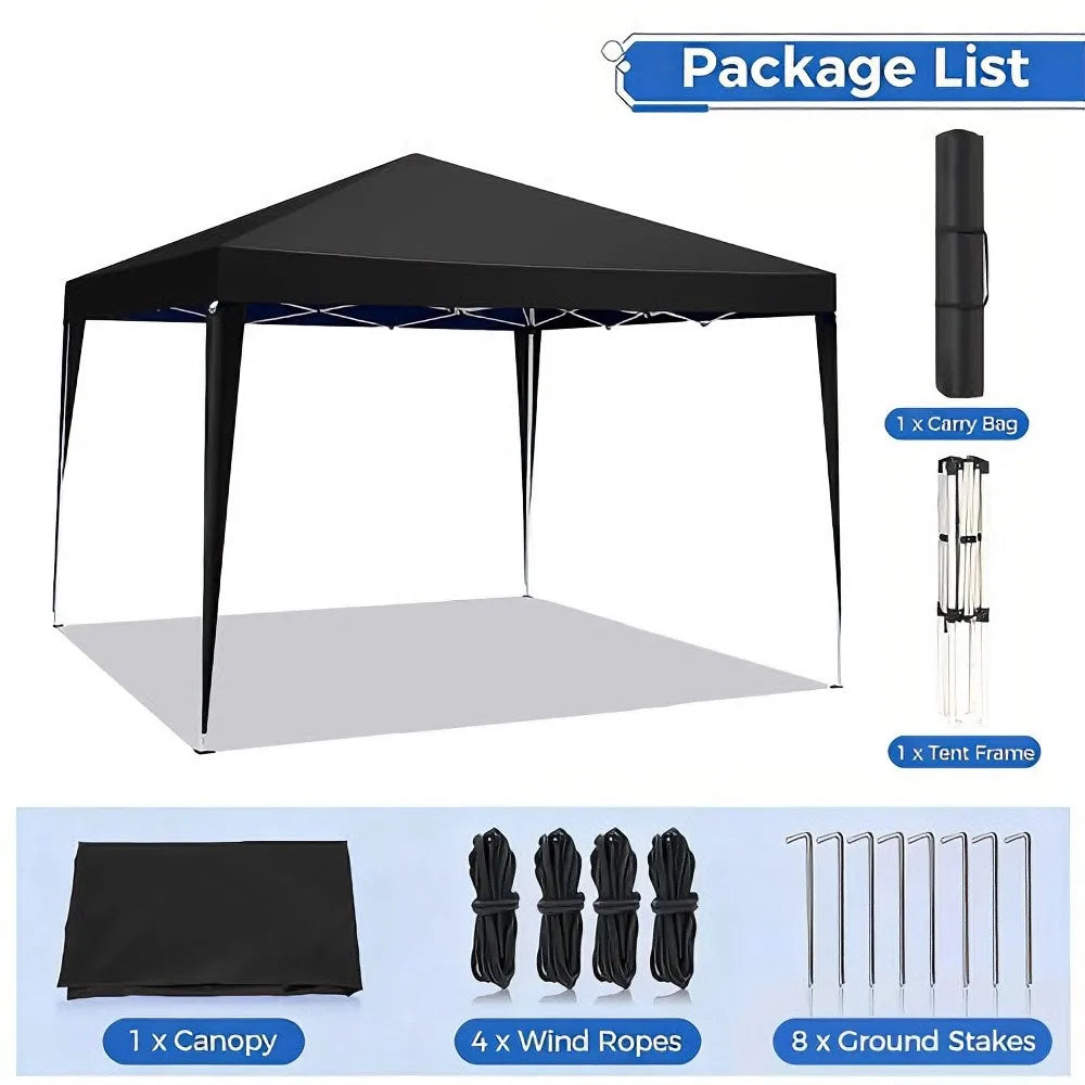 Pergola pliante noire-gris et accessoires : sac, cadre, cordes et piquets.
