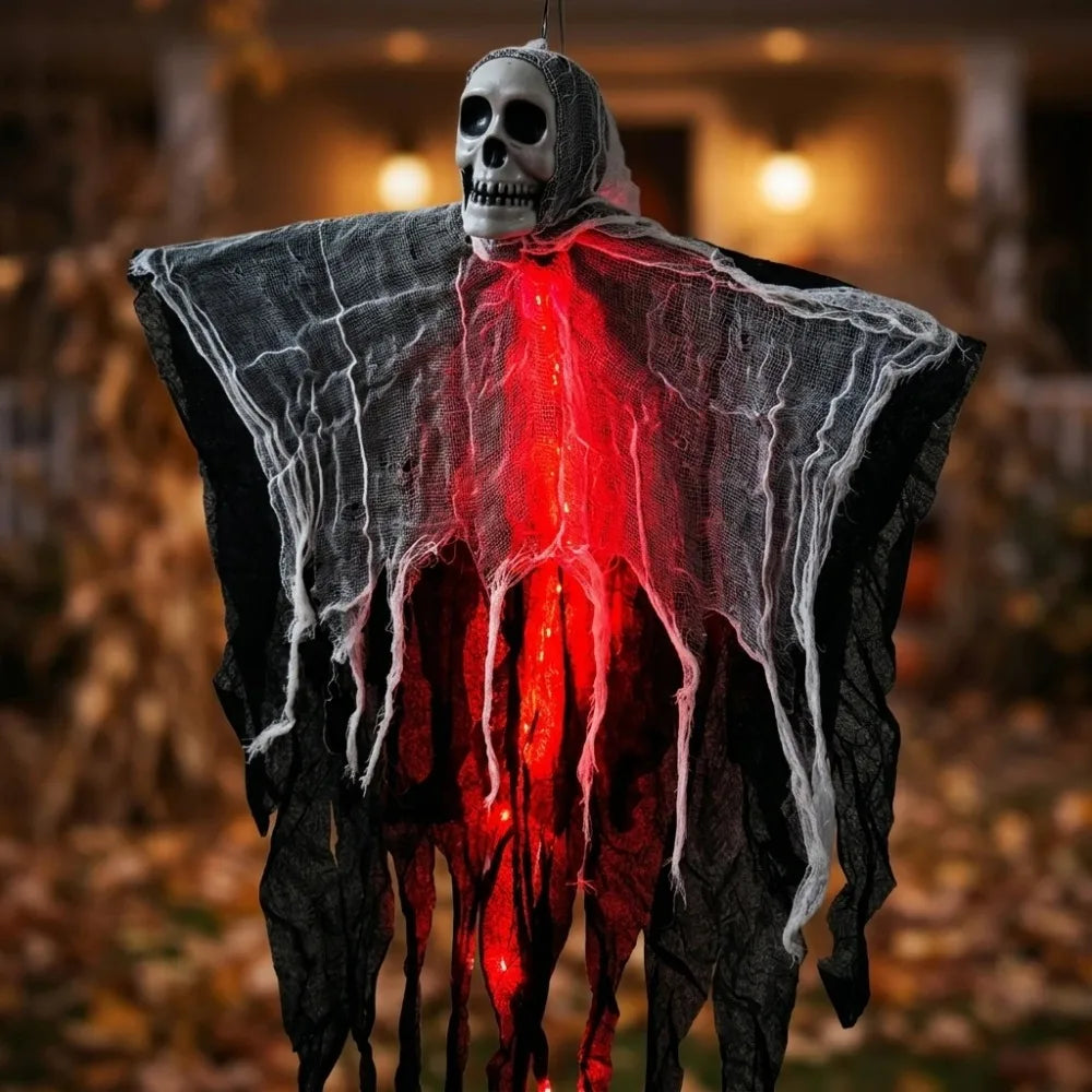 Squelette fantôme lumineux à suspendre pour Halloween : vue du modèle rouge.
