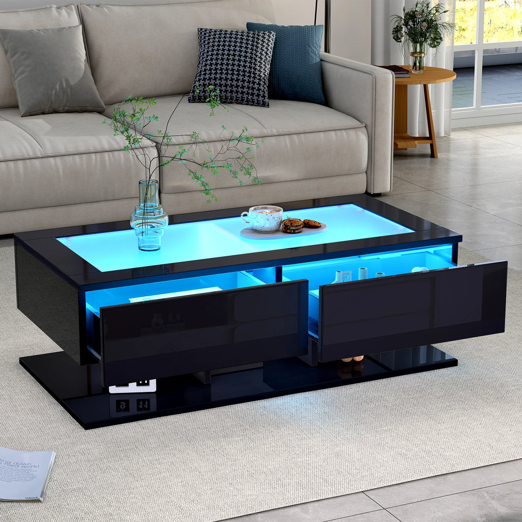 Table basse LED noire avec tiroirs 100 × 50 cm