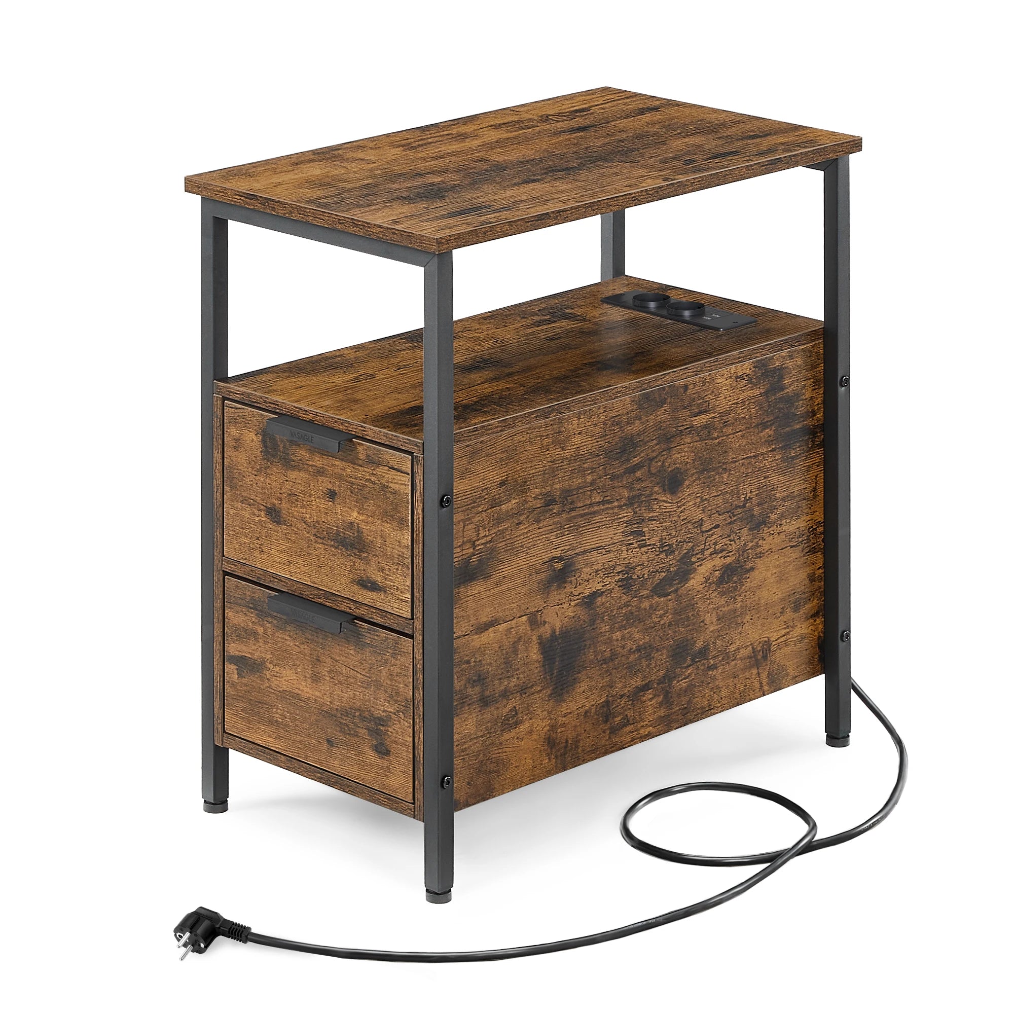Table de chevet fine avec multiprise et 2 tiroirs