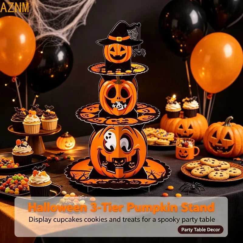 Présentoir à cupcakes Halloween, citrouilles à 3 étages — sur un buffet d’Halloween