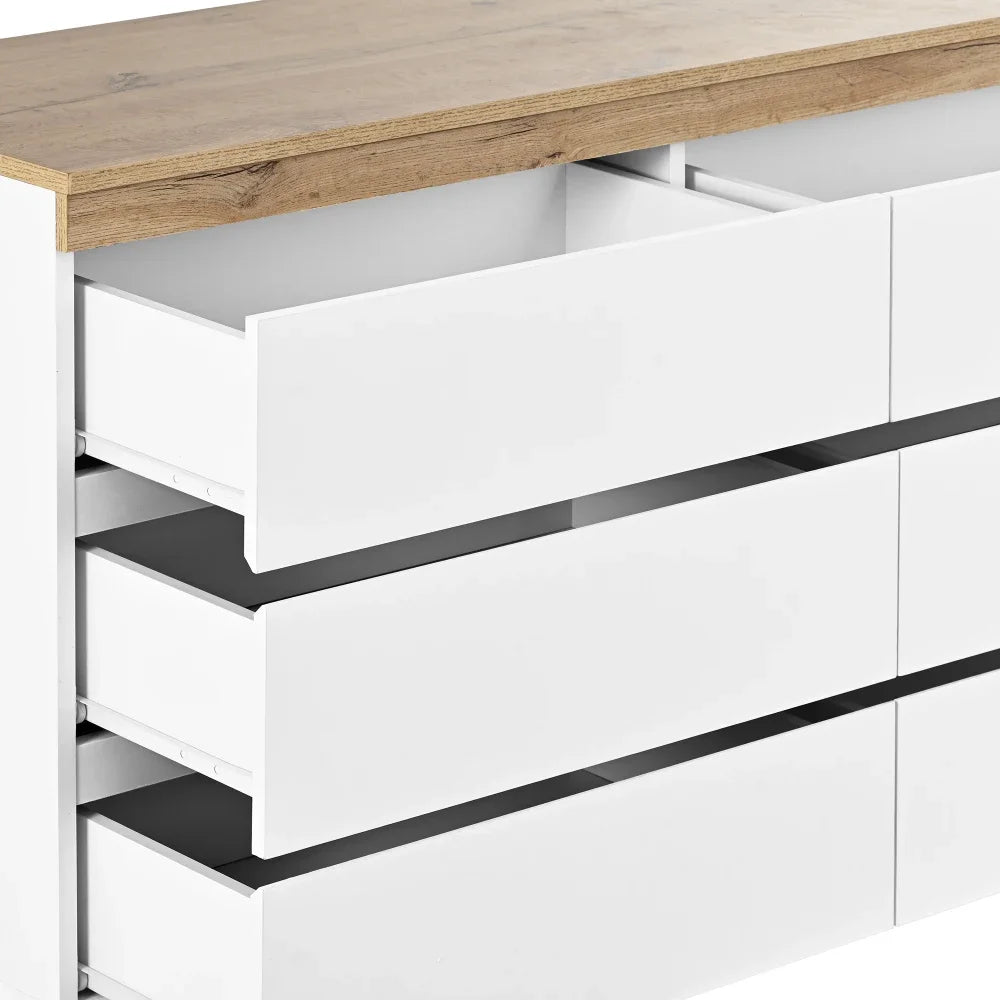 Commode 6 tiroirs blanc et chêne avec verrouillage