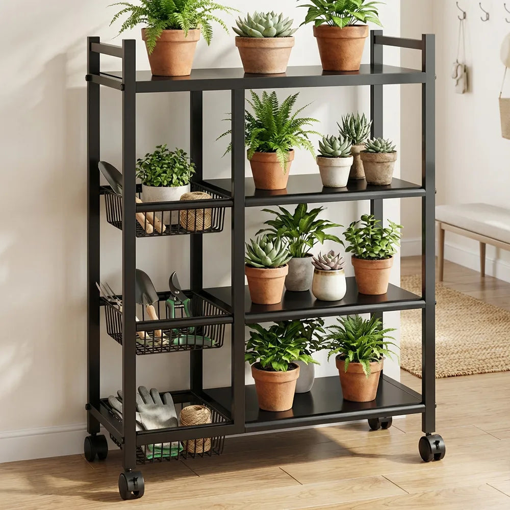 Étagère mobile réglable à 4 niveaux avec 3 paniers