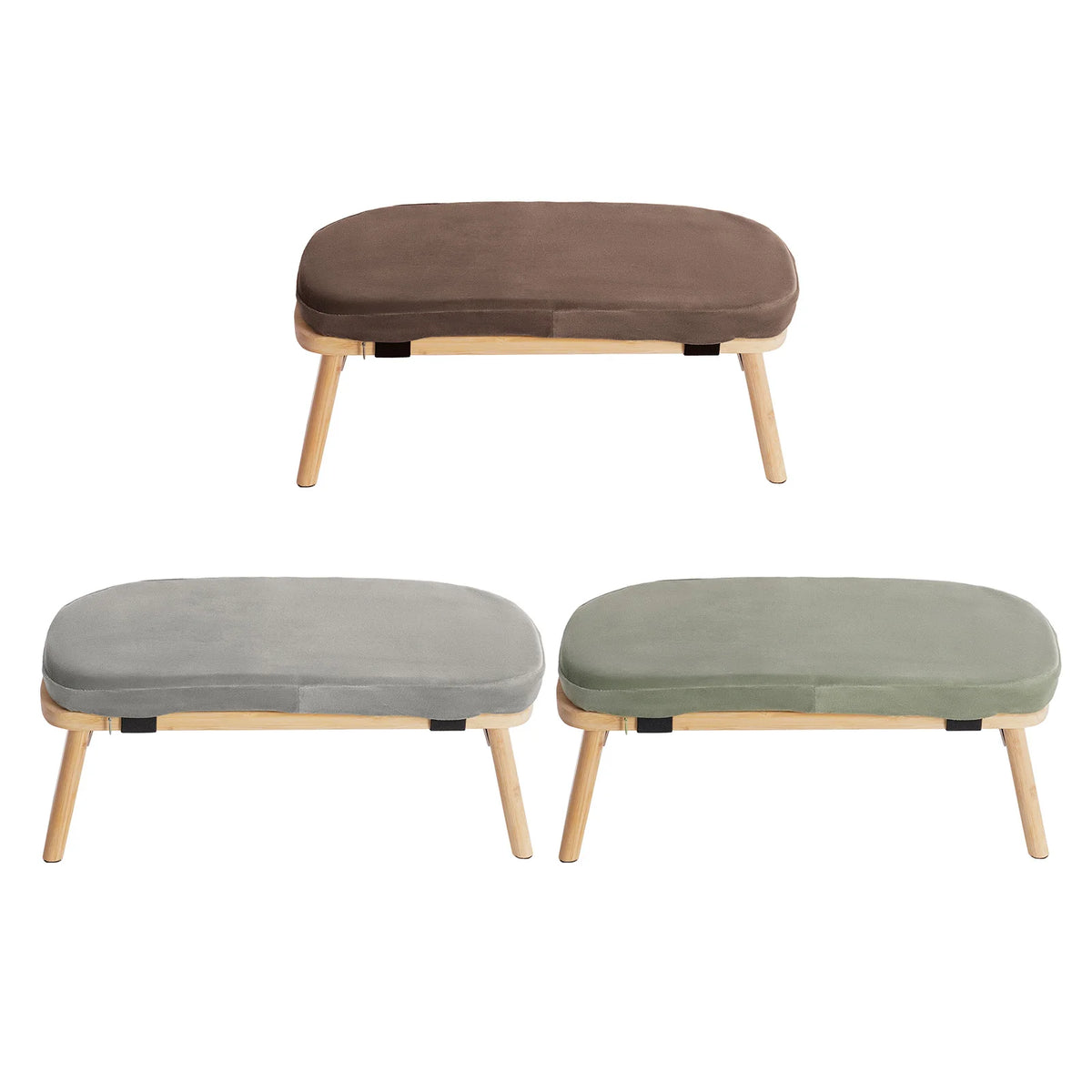 Banc de méditation pliable en bambou avec assise rembourrée — présentation des trois teintes