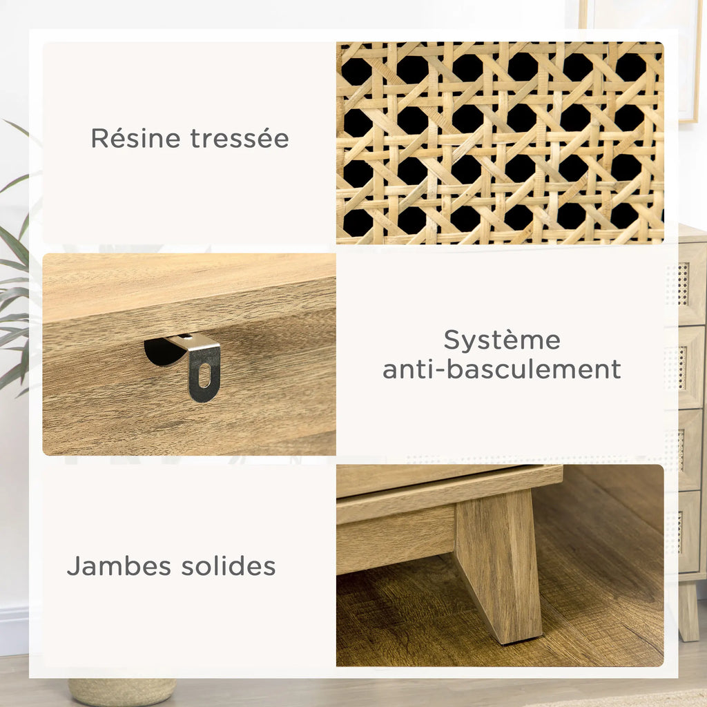 Commode 4 tiroirs en bois clair et cannage rotin
