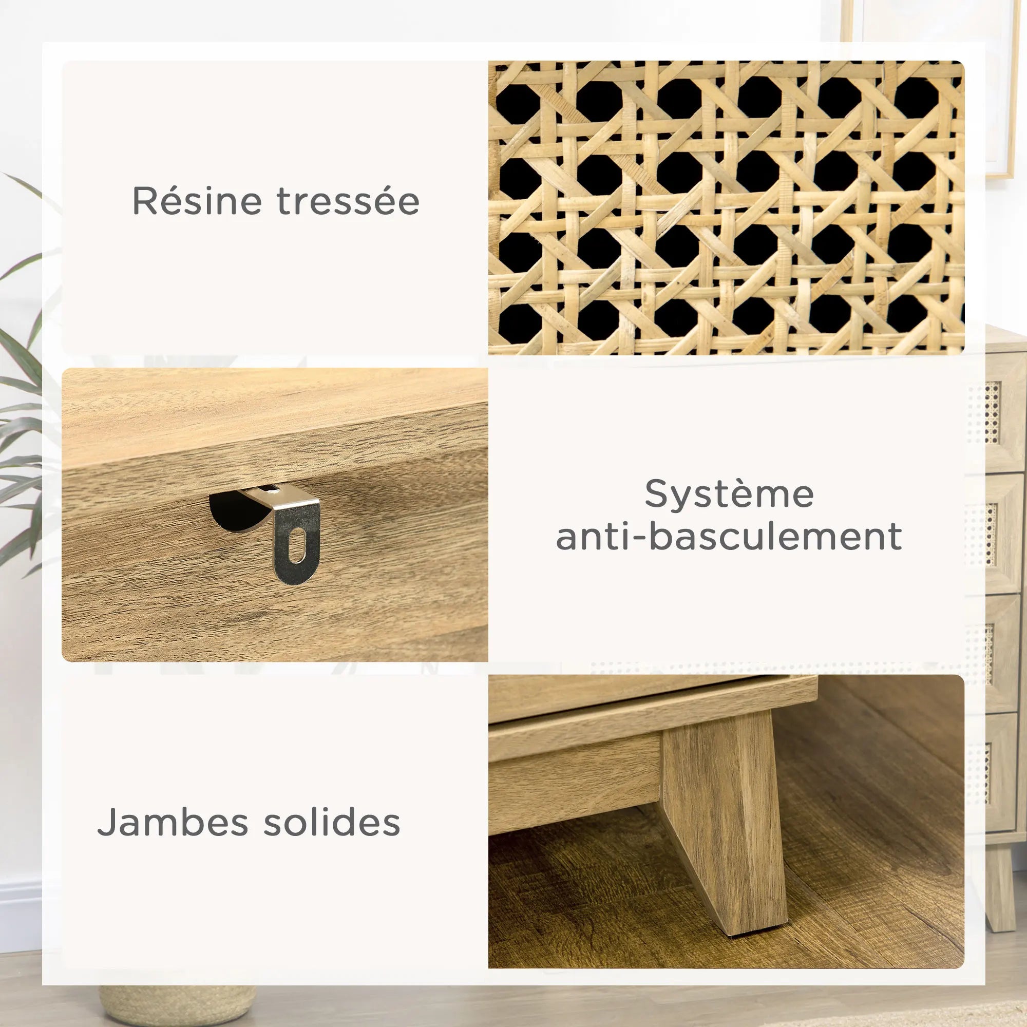 Commode 4 tiroirs en bois clair et cannage rotin