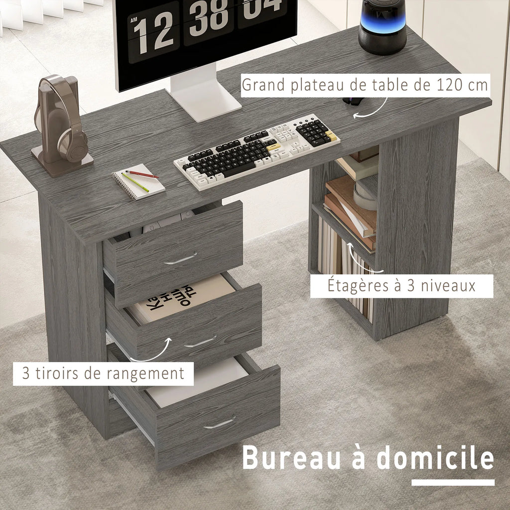Bureau réversible avec 3 tiroirs et 3 étagères