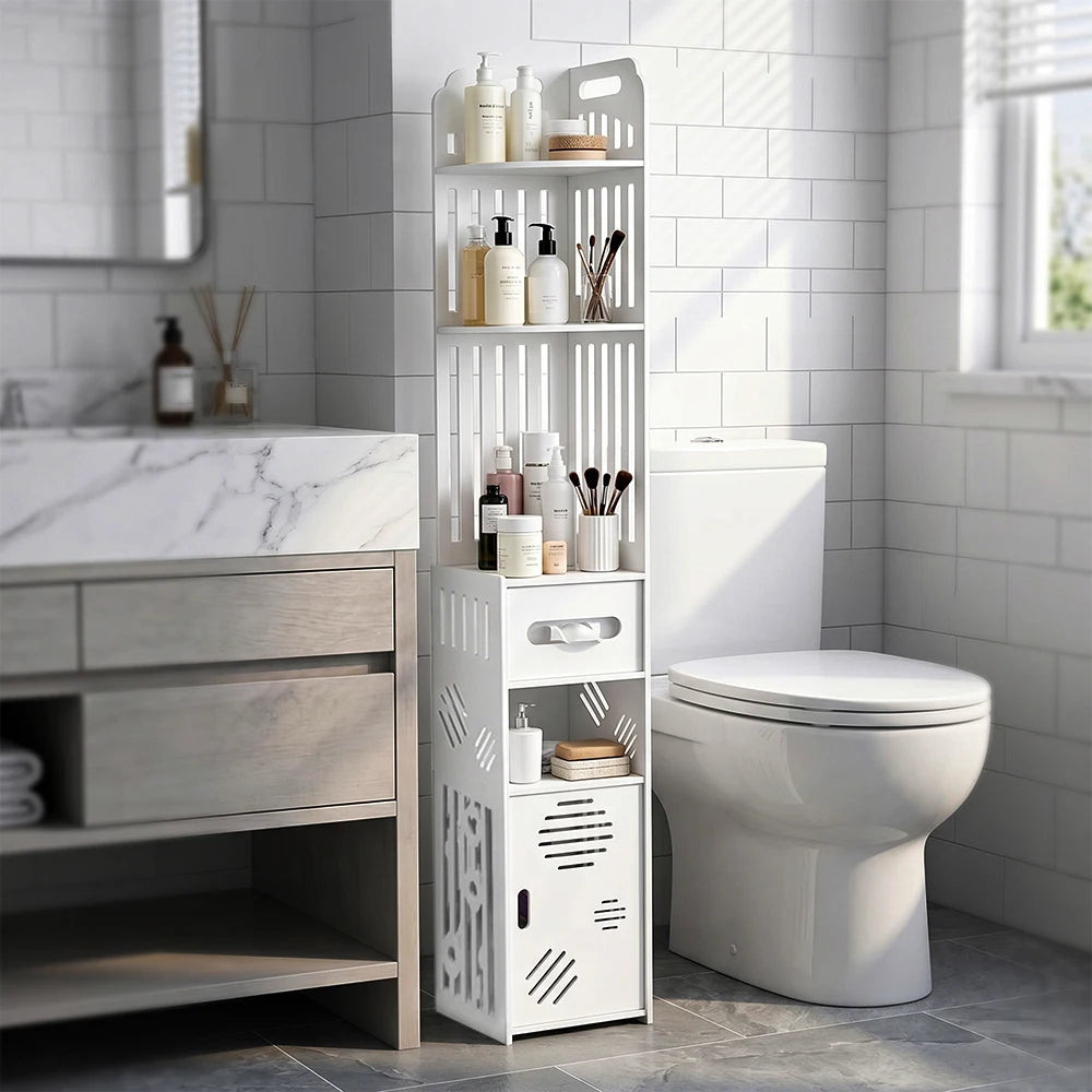 Meuble WC étroit blanc à 6 niveaux avec porte-rouleau