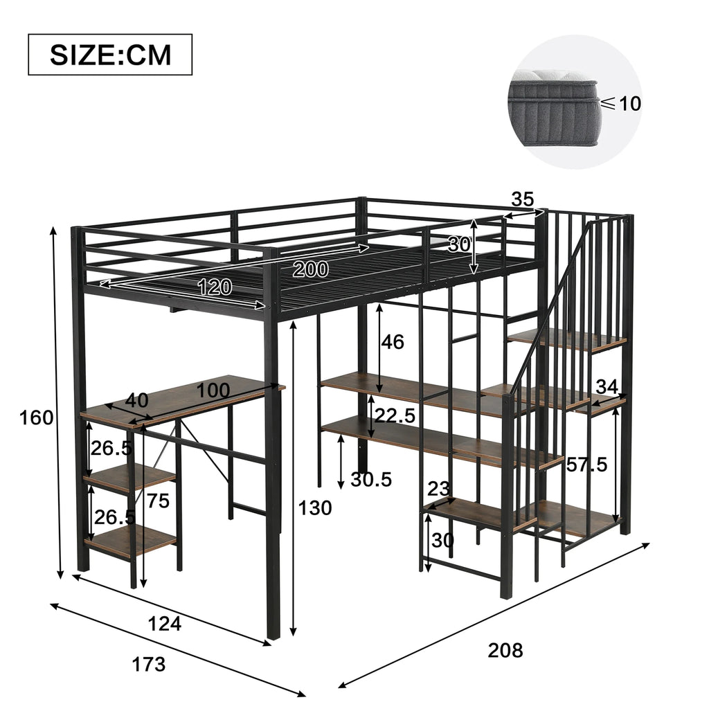 Lit mezzanine 120 × 200 cm avec bureau et dressing — schéma des dimensions