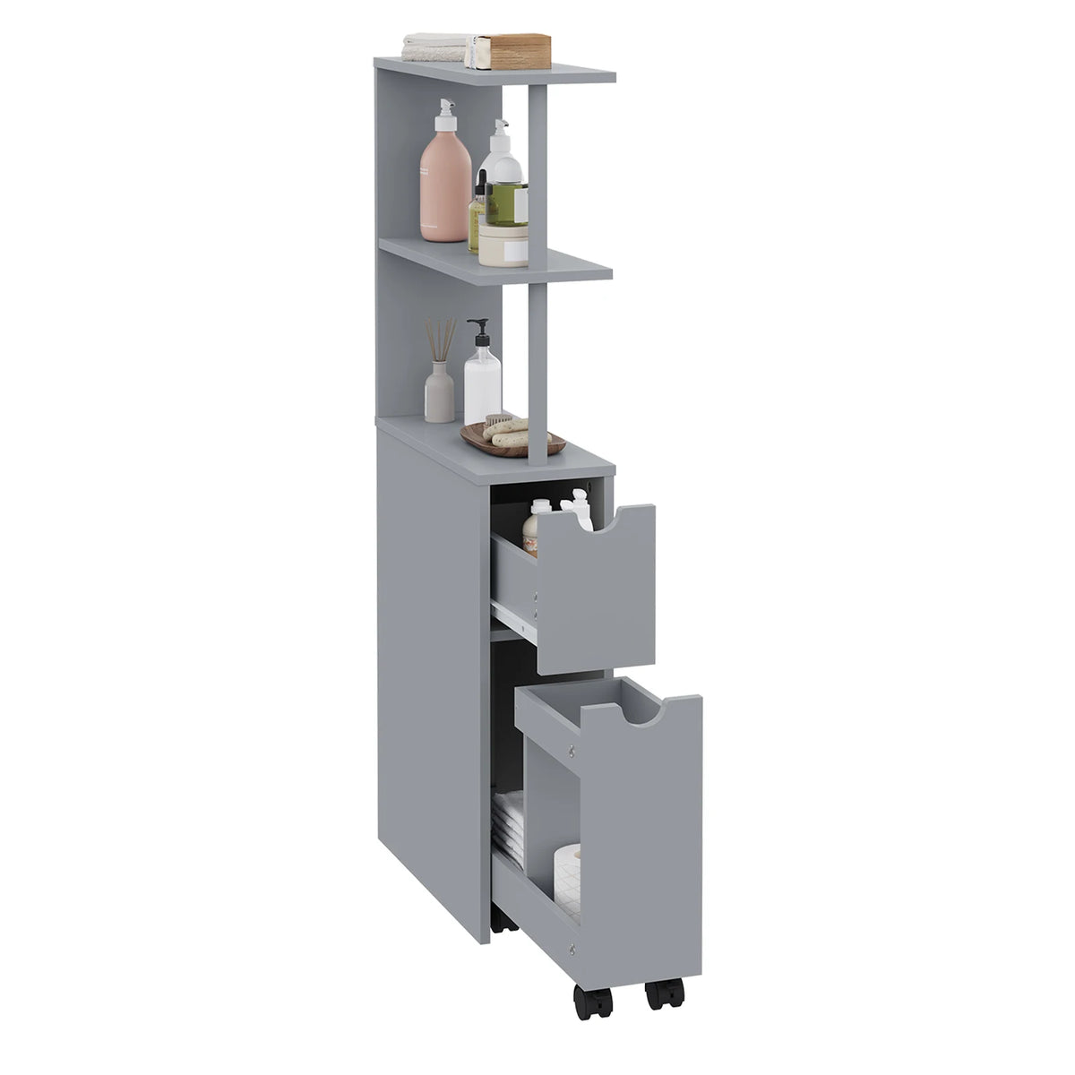 Meuble étroit de salle de bain à rangements coulissants