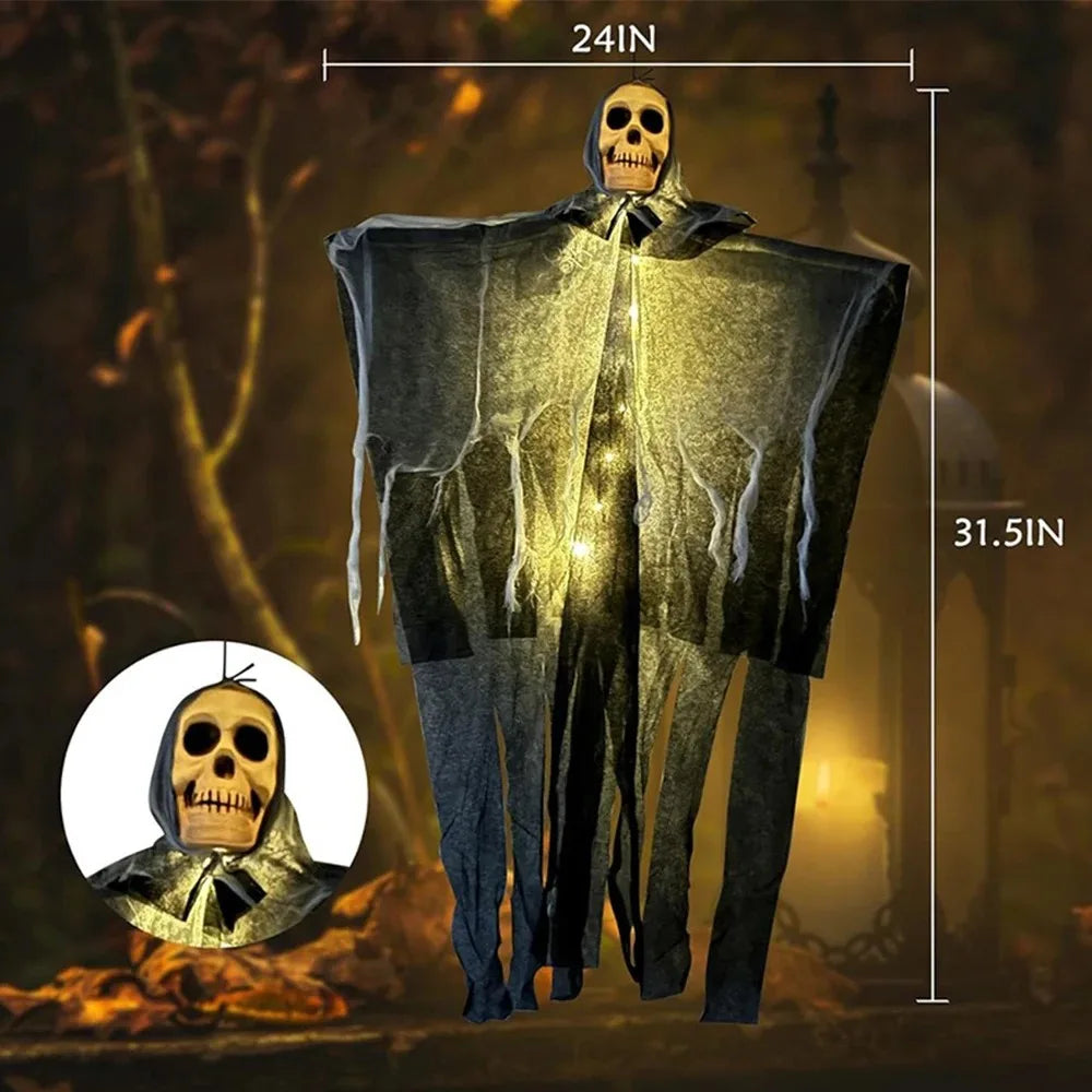 Squelette fantôme lumineux à suspendre pour Halloween : schéma de dimensions du squelette.