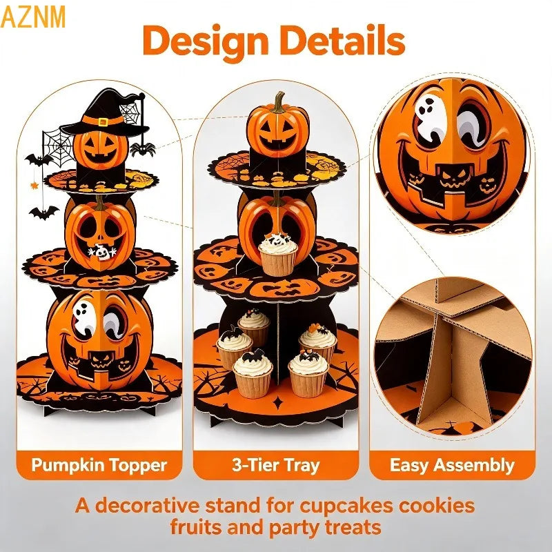 Présentoir à cupcakes Halloween, citrouilles à 3 étages — détails des plateaux