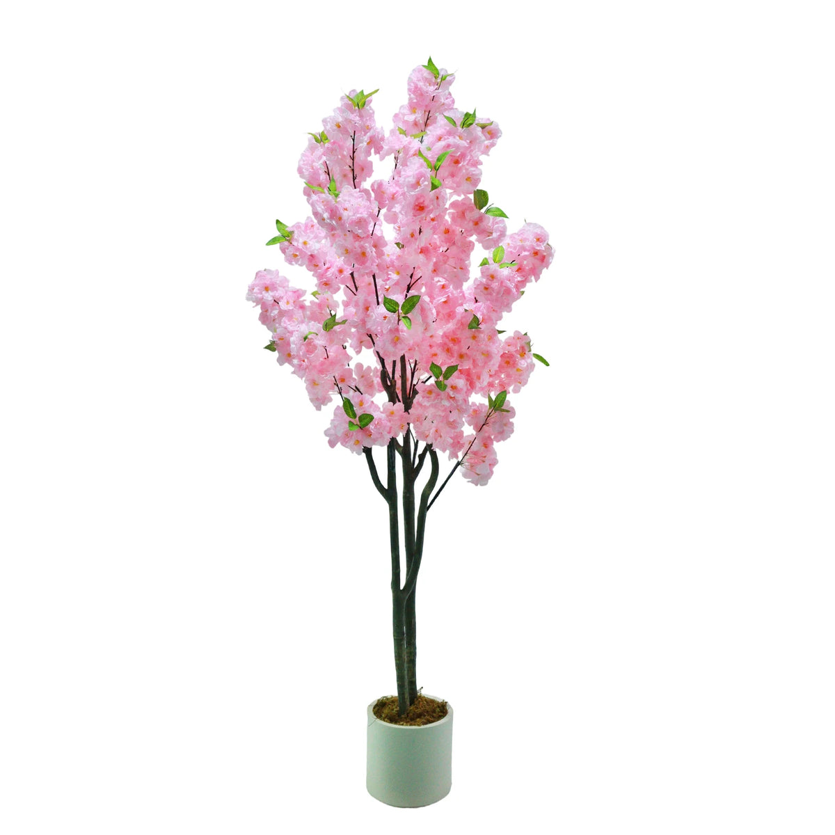 Arbre artificiel de cerisier en pot, bouquet de fleurs rose clair, tige sombre et feuilles vertes.