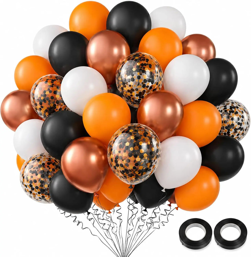 Ballons Halloween orange et noirs : assortiment de ballons et deux rubans.