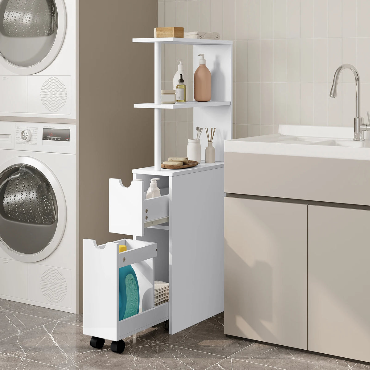 Meuble étroit de salle de bain à rangements coulissants