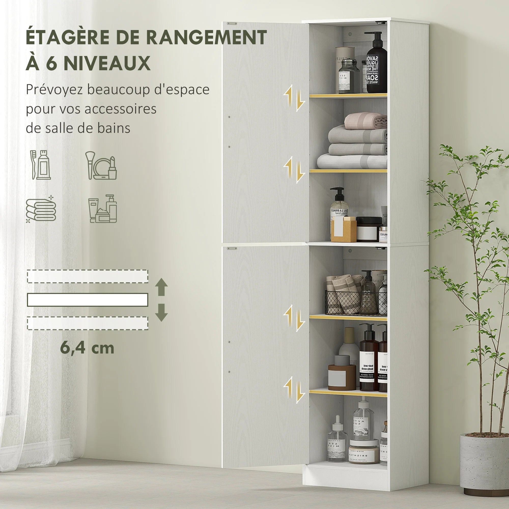 Colonne de salle de bain 2 portes et 4 étagères réglables