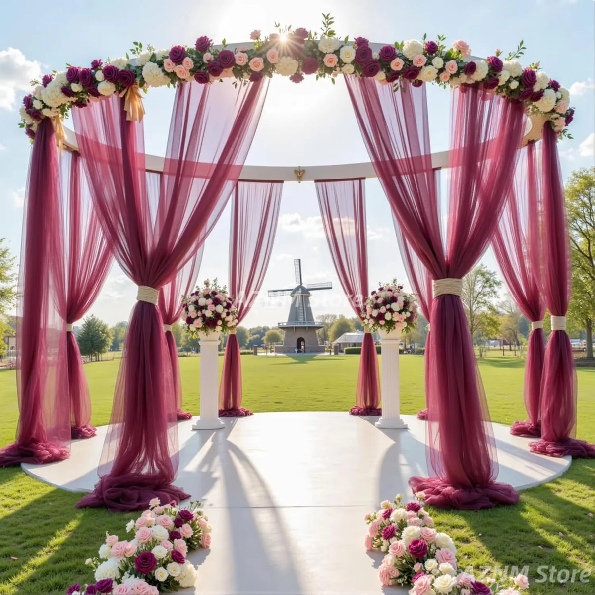 Draperie en tulle bordeaux pour arche de mariage, rideaux transparents noués