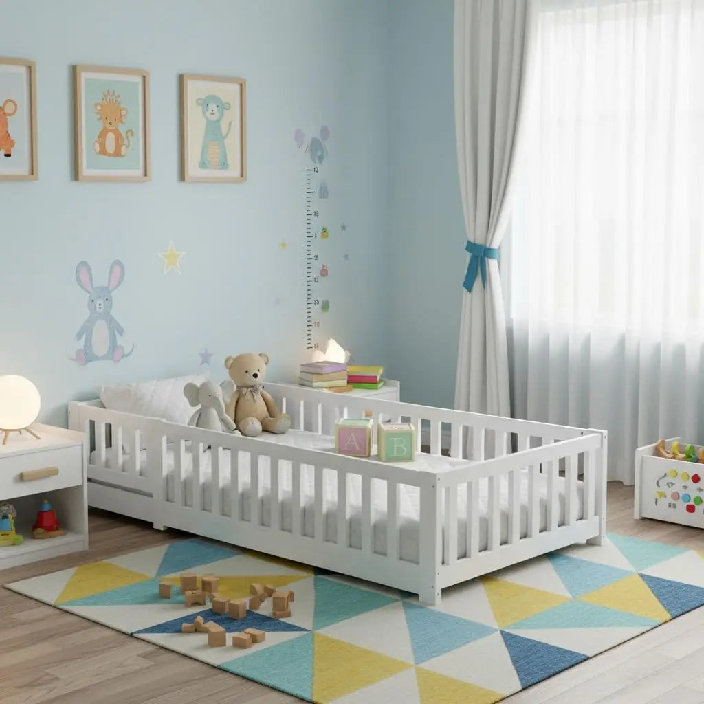 Lit Montessori en pin avec barrières et porte