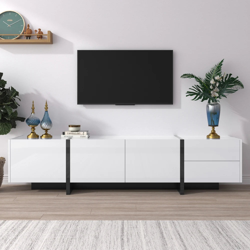 Meuble TV bas de 190 cm aux façades blanches et noires, visuel 6