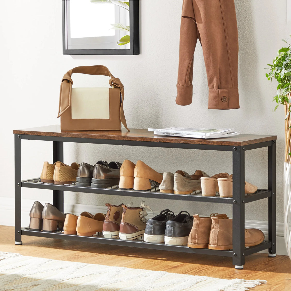 Banc à chaussures effet bois et noir, 100 cm — deux rangées de chaussures