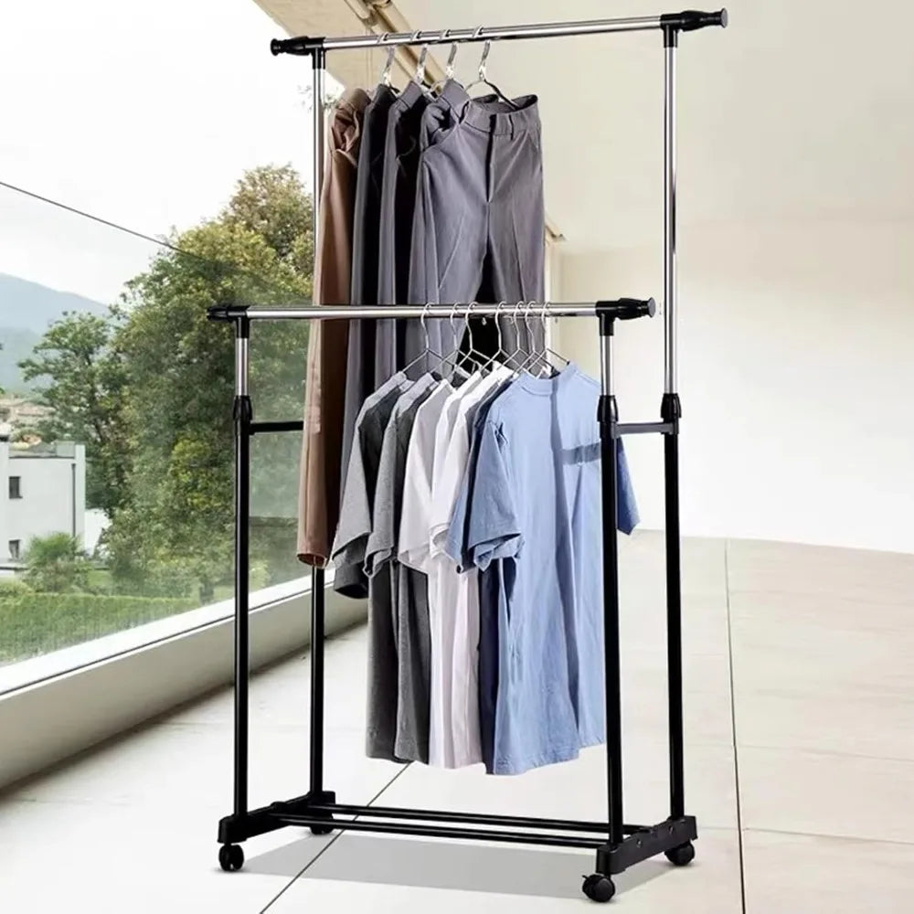 Portant vêtements mobile double barre, vêtements sur cintres, roulettes au sol