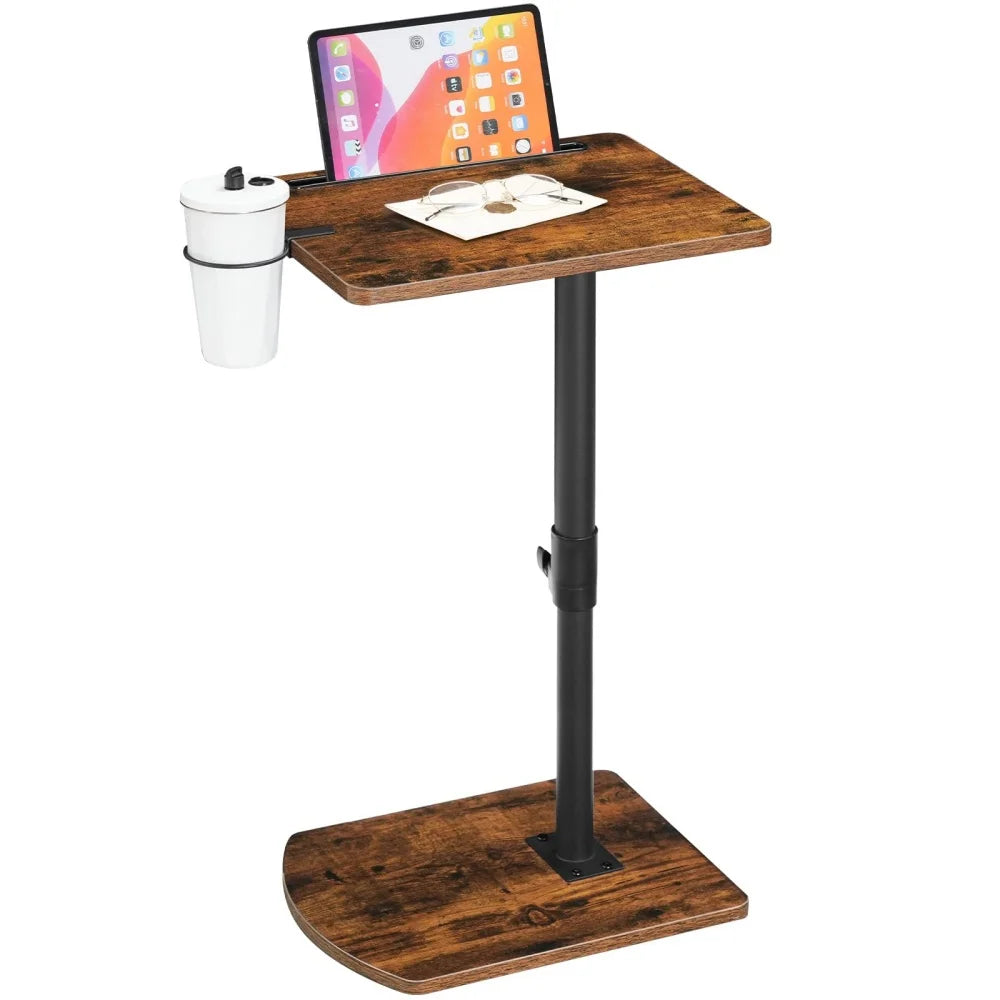 Table d’appoint en C réglable, brun vintage et porte-gobelet — avec tablette et porte-gobelet
