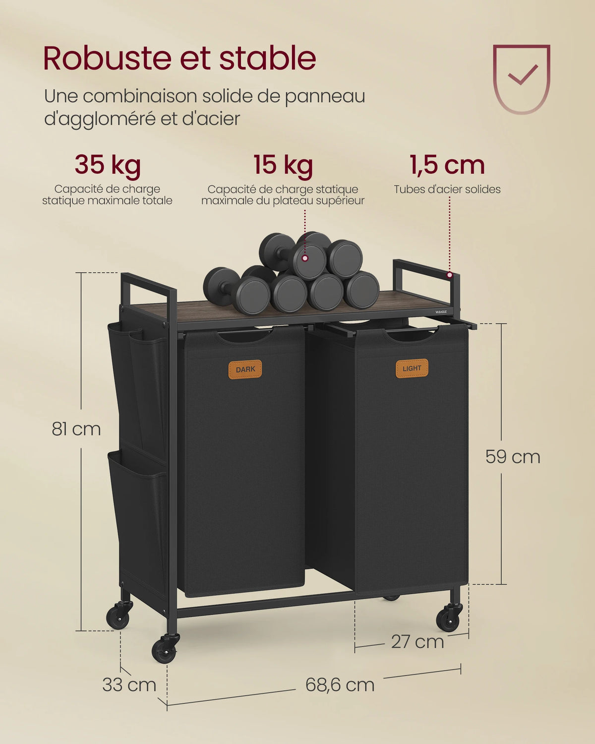 Panier à linge 100 L sur roulettes avec deux compartiments et étagère, illustration 5